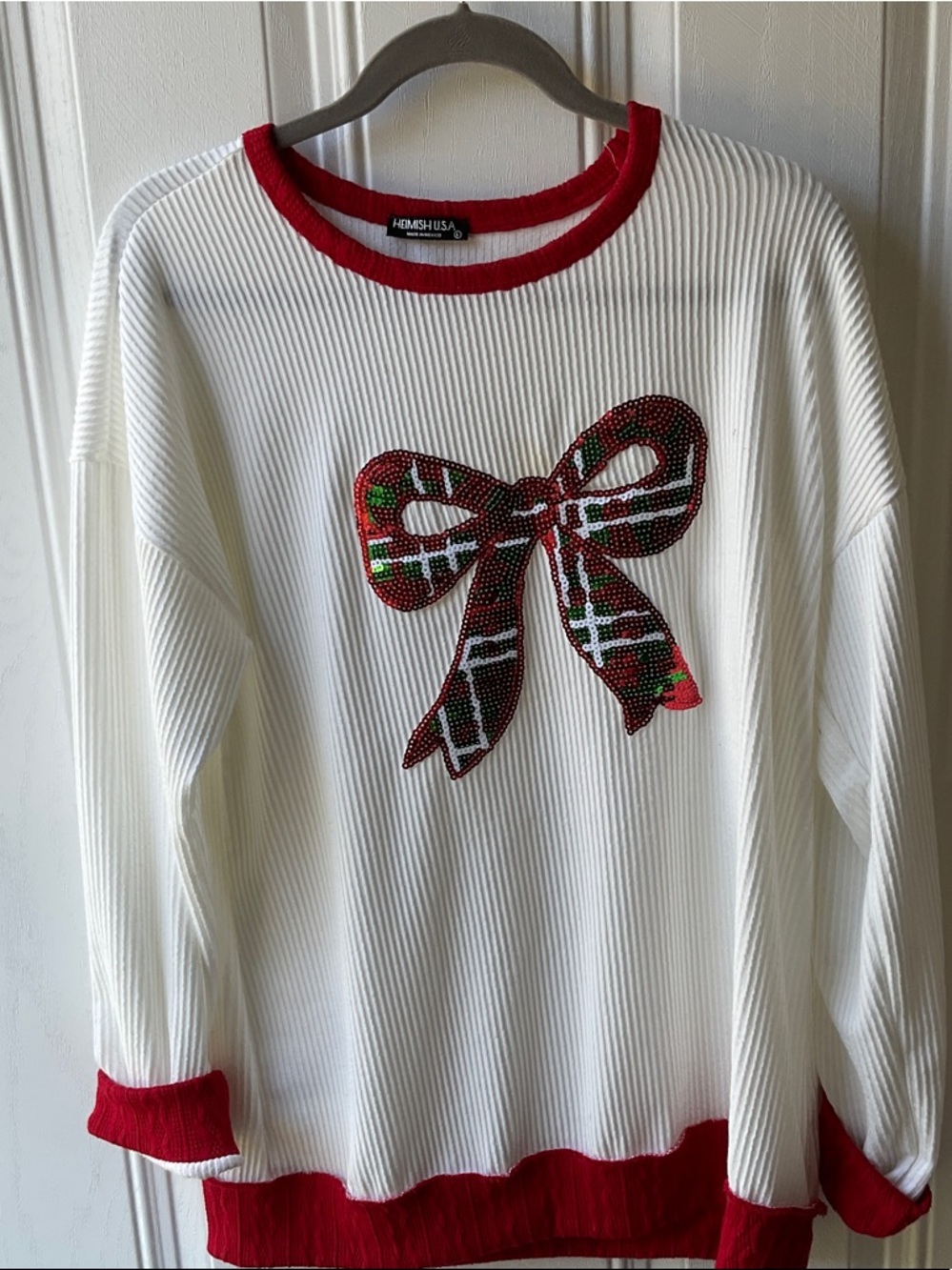 HEIMISH USA White Sweater with Red Trim and Bow Applique